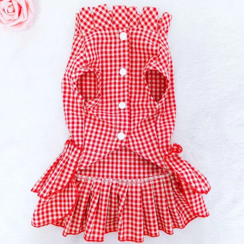 Dog Dress  Pet Clothes The New Spring and Summer Thin Section Red Plaid Dog Dresses for Small Dogs