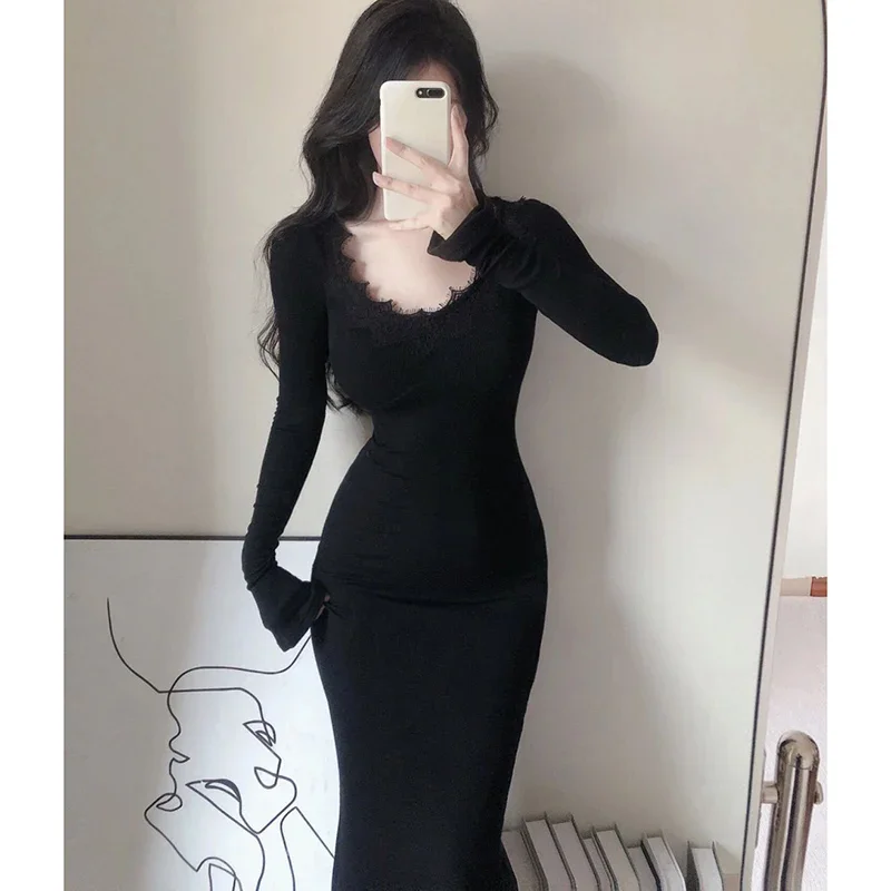 2025 New Spring Women Sexy Bodycon Wrap Long Dress Female Chic Lace V-neck Dress Lady Designer Party Slim Fit Knitted Dress