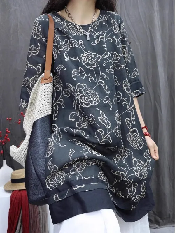 Camicetta casual da donna taglie forti Sle irt Dr Summer Nuovo arrivo Stampa vintage Camicetta ampia e versatile di lunghezza midi