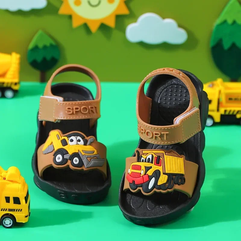 Summer Children Shoes Boys Sandals Flat Bottom Breathable Baby Walking Shoes Cartoon Car Kids Outdoor Students Running Sandals