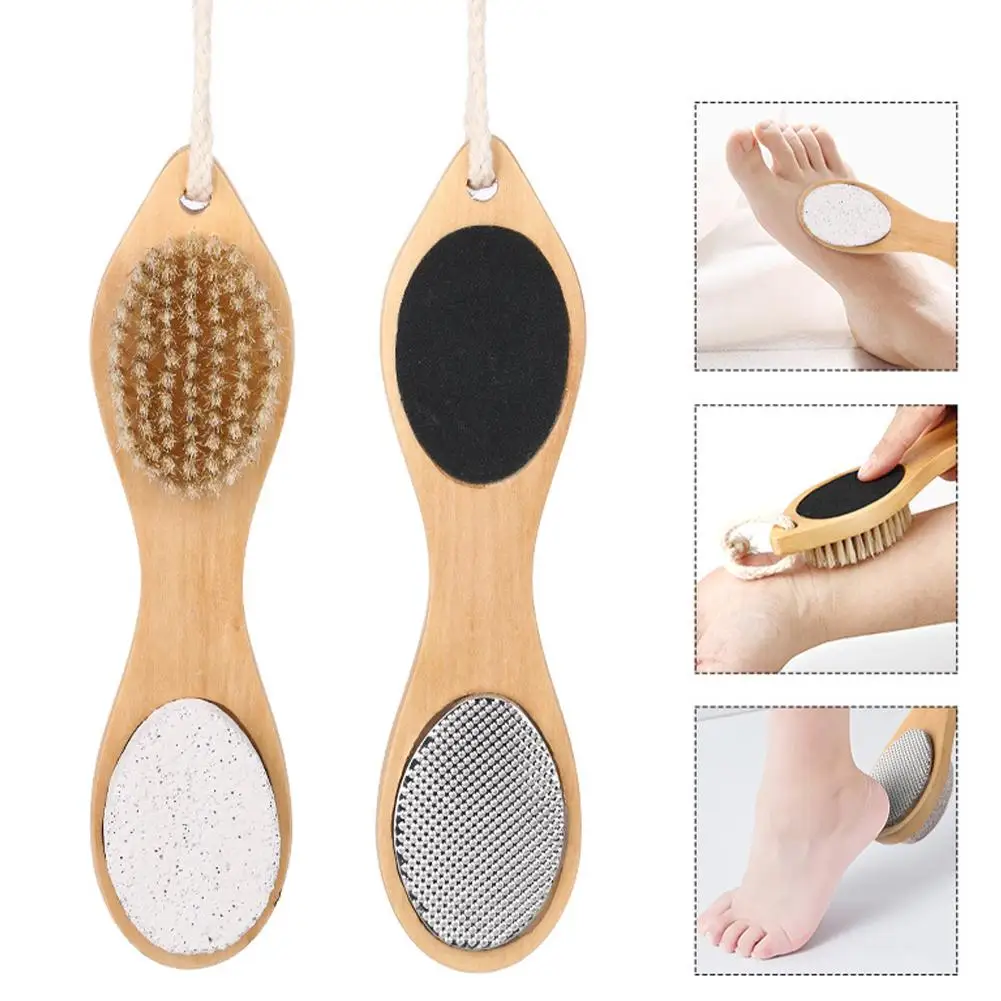فرشاة ملف القدم متعددة الاستخدام 4 في 1 مع مقبض خشبي ومزيل مسامير القدم مزدوج الجوانب ومقشر تكسير الجلد الميت ومغسيل عرموش الخفاف