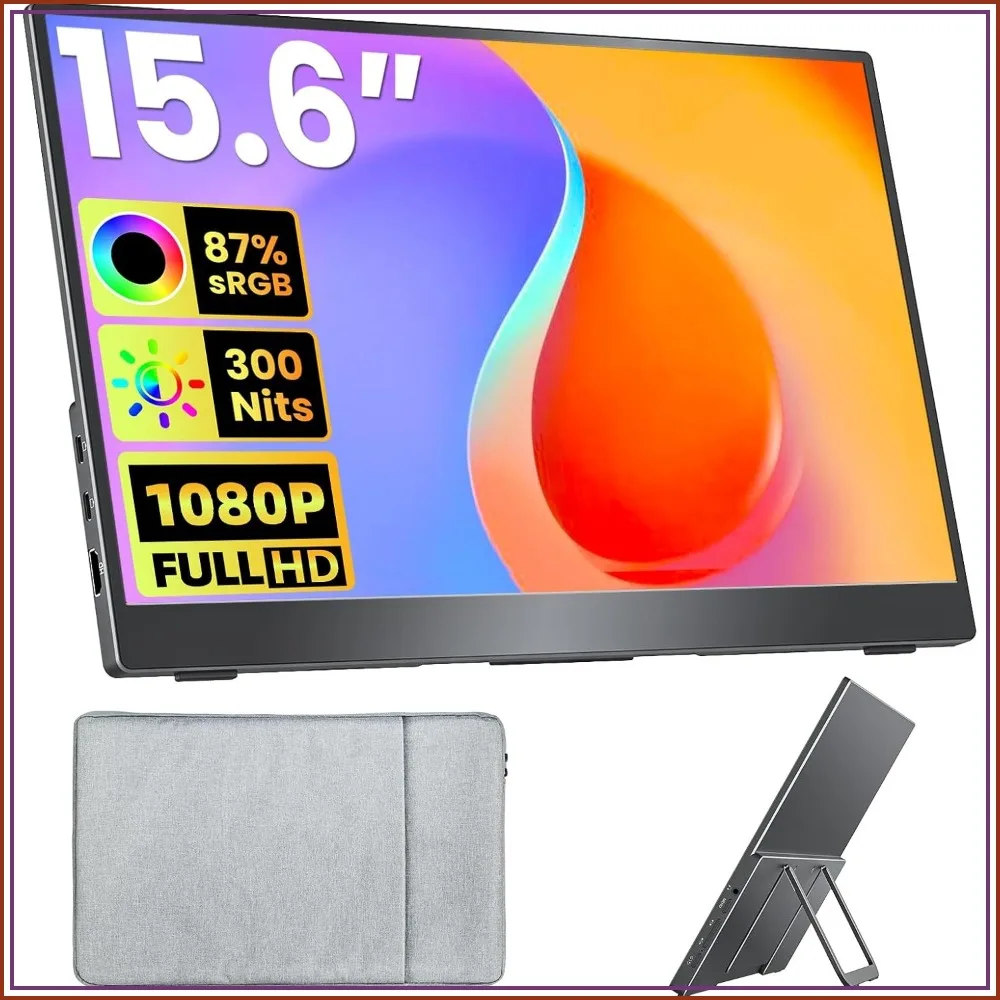 

15.6" FHD IPS Portable Monitor, 60Hz HDR USB-C HDMI for Laptop/PS5/Xbox, Built-in Speakers & Kickstand