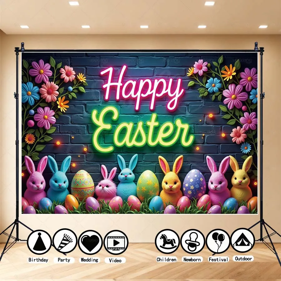 

MOON.QG Neon Easter Day Celebration Photography Background Many Interesting Rabbit Egg Photo Backdrop Home Party Wall Hanging