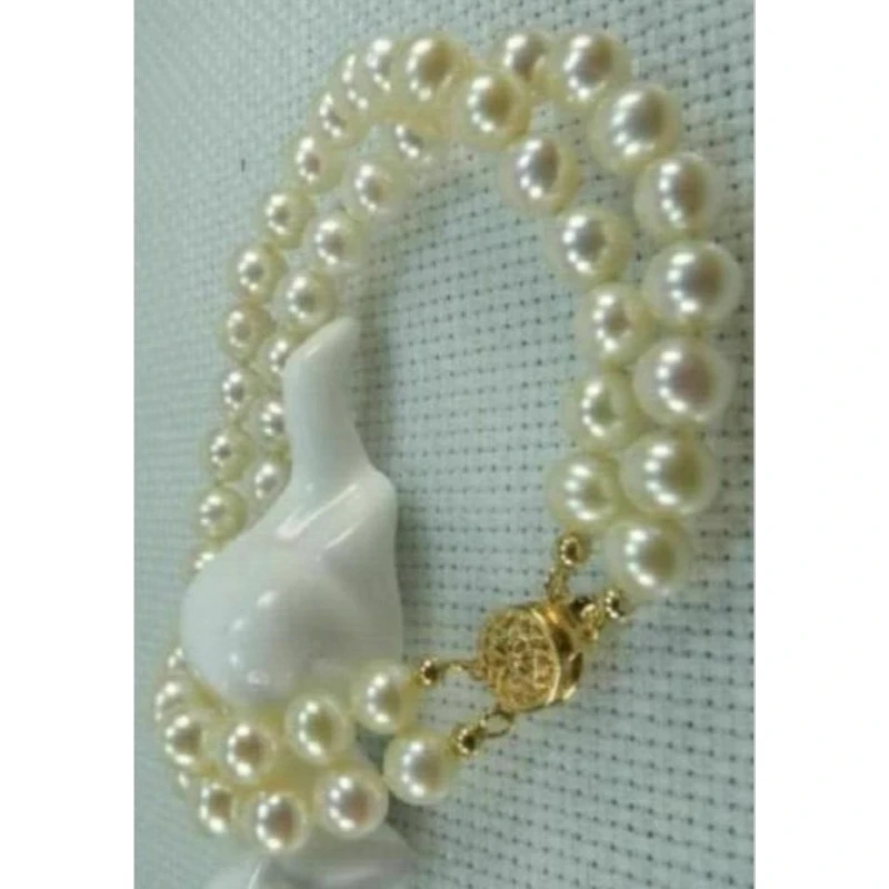 2 ROW 7-8MM REAL NATURAL WHITE AKOYA PEARL WOMEN'S BRACELET 14K AAA  7.5-8 INCH