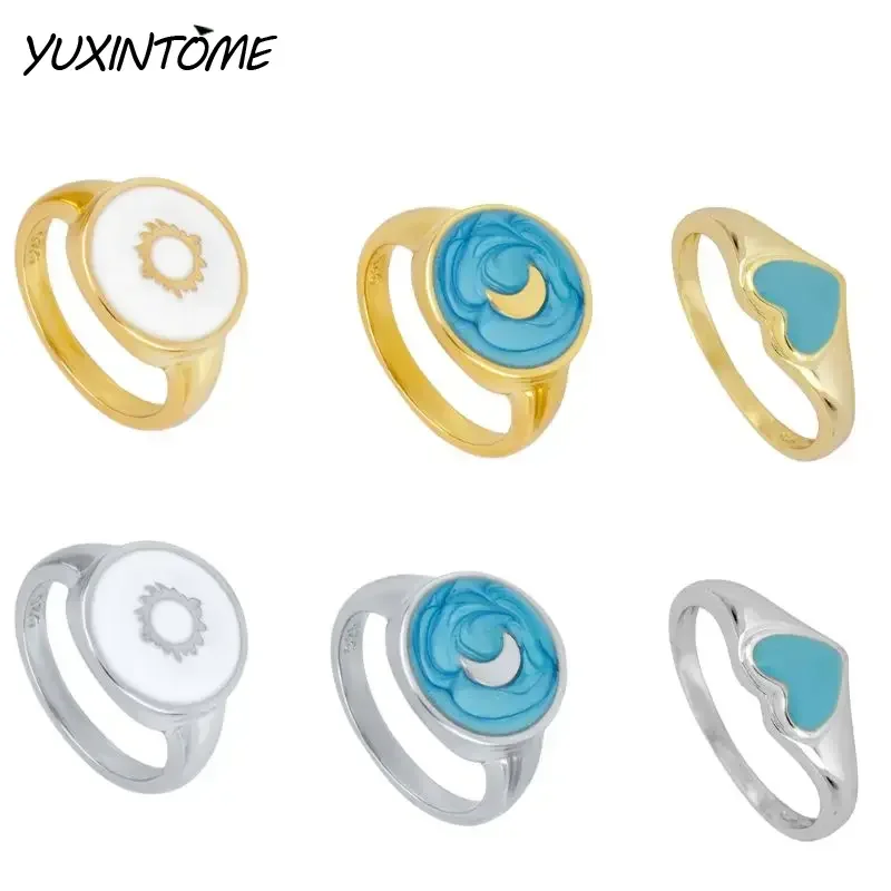 

Cute Gold-Plated Silver Colorful Heart/Moon/Sun Enamel Rings 3 Sizes Rings For Women Fashion Light Luxury Wedding Jewelry Girl