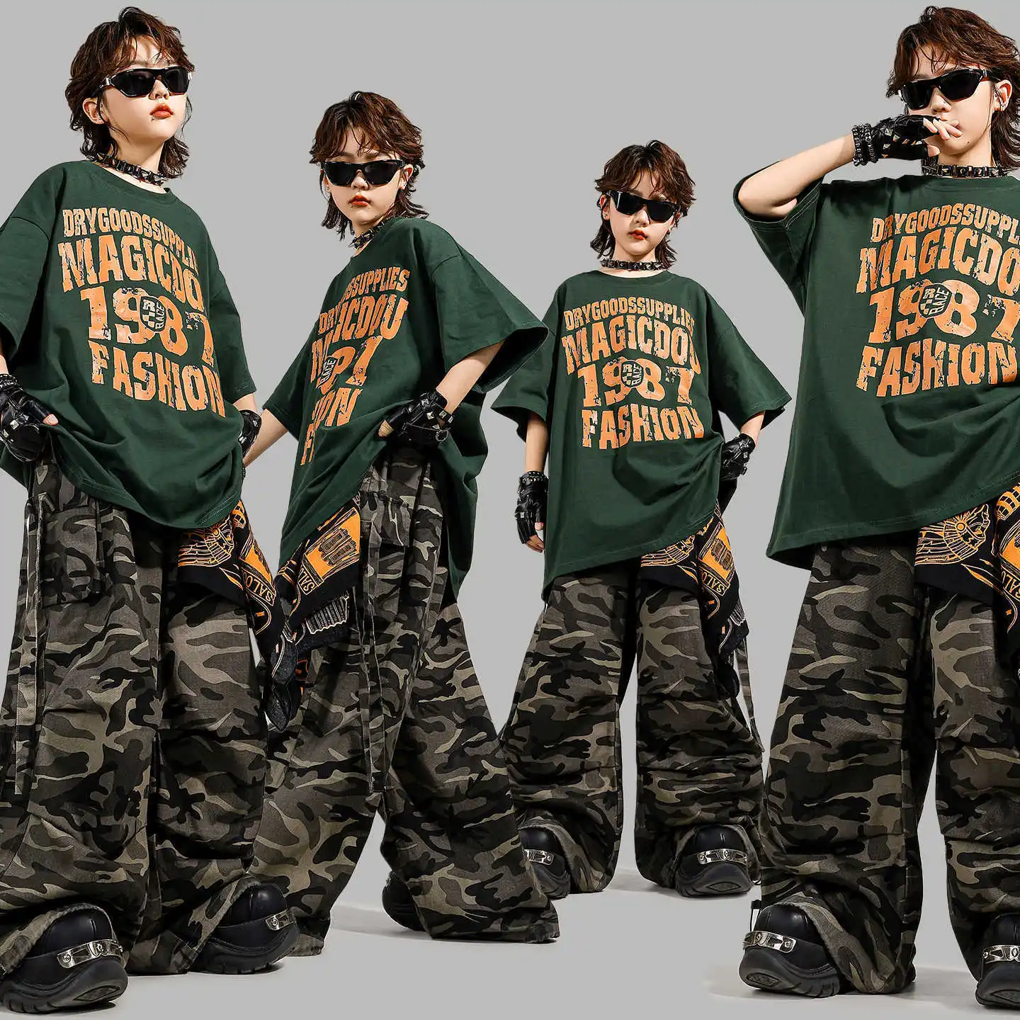 

Kid Kpop Hip Hop Clothing Green Letters T Shirt Camo Casual Strap Parachute Cargo Pants for Girl Boy Jazz Dance Costume Clothes
