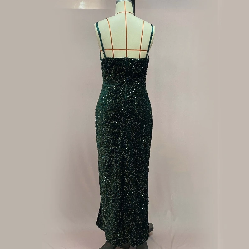 Robe de soirée à paillettes scintillantes pour femme, bretelles spaghetti, dos nu, fente latérale haute, batterie, longue, camisole, robe de mariée