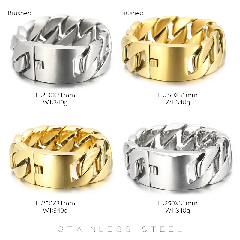 Fongten 31mm Breite Große Schwere Kühlen männer Armbänder Gebürstet Polnischen Edelstahl Chunky Kubanischen Kette Armband Für Männer schmuck – Detail 1