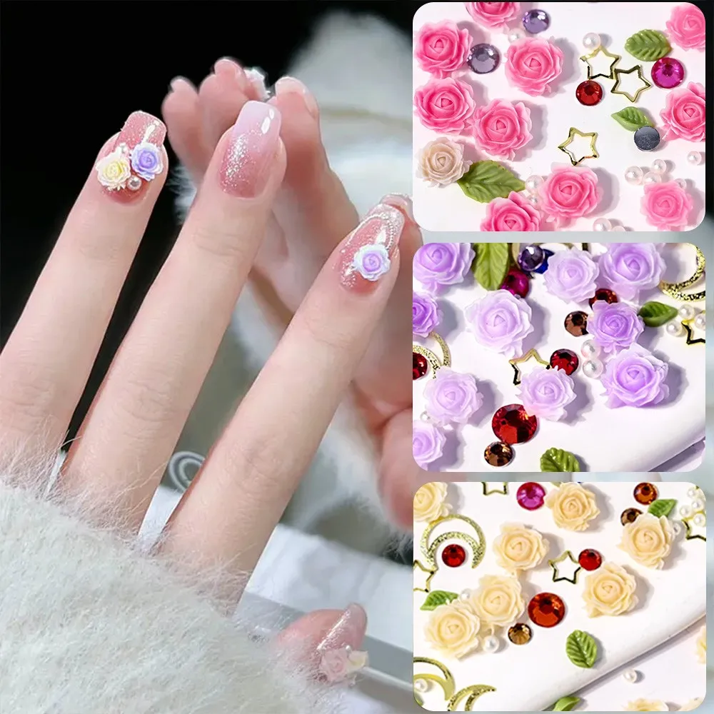 100 Stücke 3D Harz Rose Nail art Charms Gemischte Perlen Blätter Schmuck Nagel Strass Kawaii Kamelie Blume Nail art Dekoration