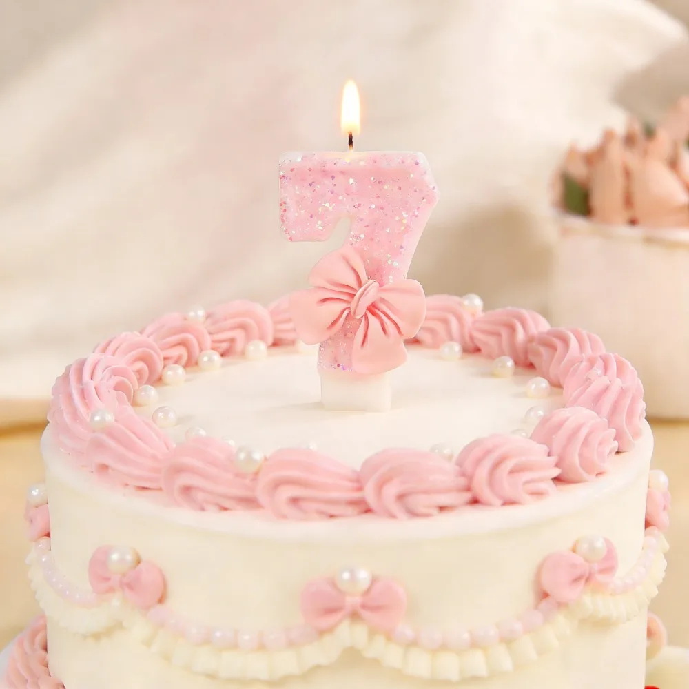 Velas de fiesta con lazo rosa número 0-9, suministros de decoración de pasteles para fiesta de cumpleaños para niños, fiesta de feliz cumpleaños rosa bonita