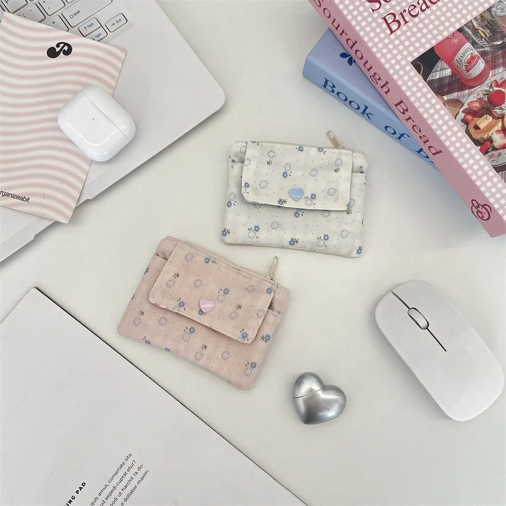 Portable Zipper Closure Coin Purse Double Layer Multifunctional Mini Wallets Floral Pattern Credit Card Storage Bag