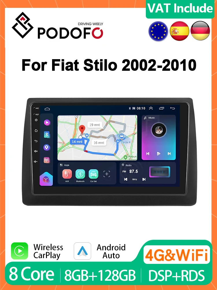 Podofo 9 Radio per auto Wireless CarPlay Radio Android per Fiat STILO 2002-2010 Multimedia GPS FM 4G WIFI BT Sistemi intelligenti per auto