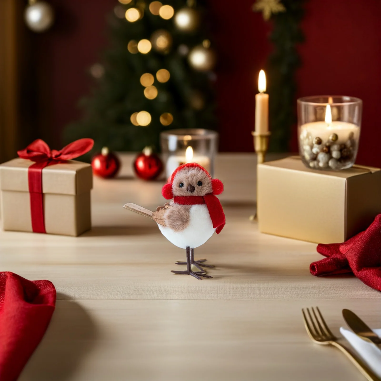 

3Pcs Christmas Tree Ornaments Standing Birds Lightweight Scarves Hats Xmas Tabletop Decorations Festive Home Use