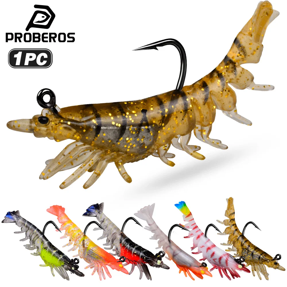 Proberos 1 Stück Weiche Garnelen-Angelköder für Süß- und Salzwasser, PVC-Bass-Jig-Köder, Lebensechter Garnelenköder, Erstaunlicher Angelköder
