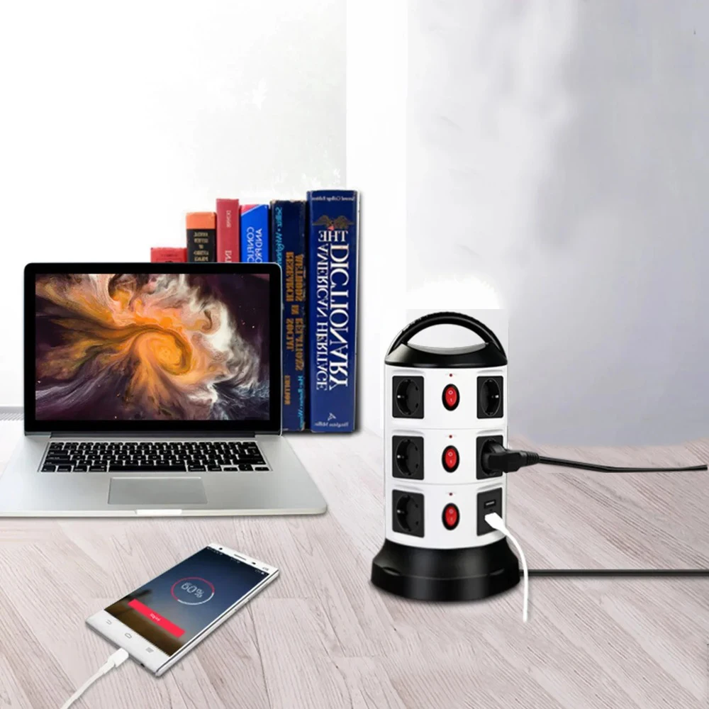EU Plug 2/3 Layers Tower Power Strip Vertical Socket Surge Protector Outlets with USB Individual Switches 1.8m Cord Home Office
