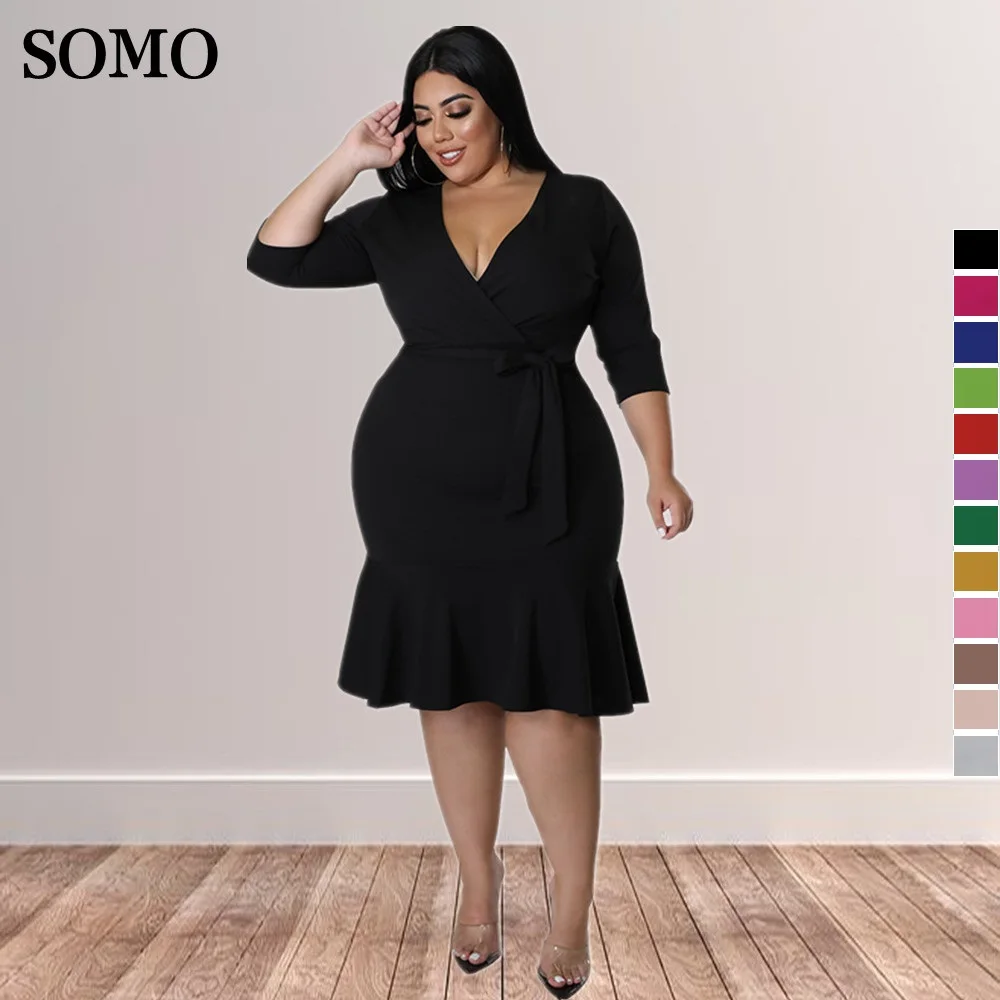 

2022 Summer Clothes Elegant Women Plus Size Dresses with Sashes V Neck Solid Color Midi Dress Half Sleeve Wholesale Dropshipping