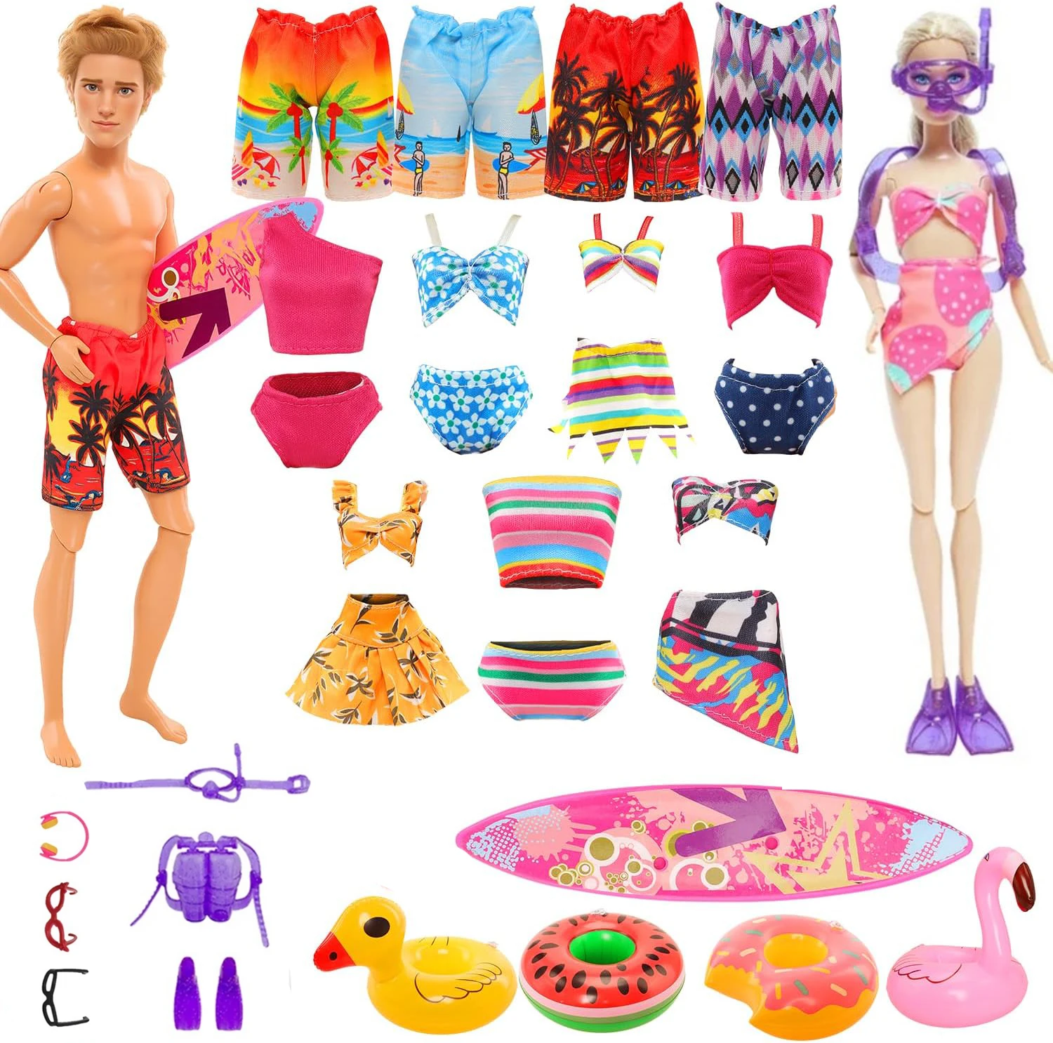 

Handmade Doll Clothes and Accessories - 13 Pcs Set for 11.5 Inch Dolls - Swim Clothes, Diving Suits, Skateboard, Lifebuoys