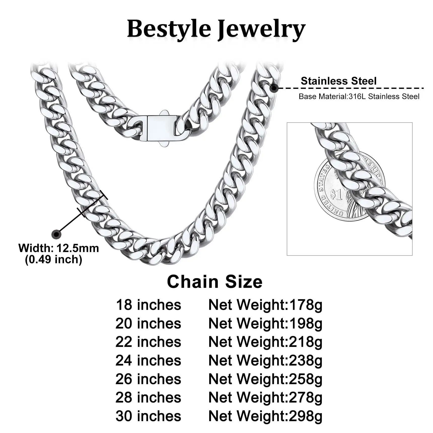 8-16mm HipHop Miami Curb Cuban Chain Necklace Stainless Steel Men Cuban Link Chain Rappe Jewelry