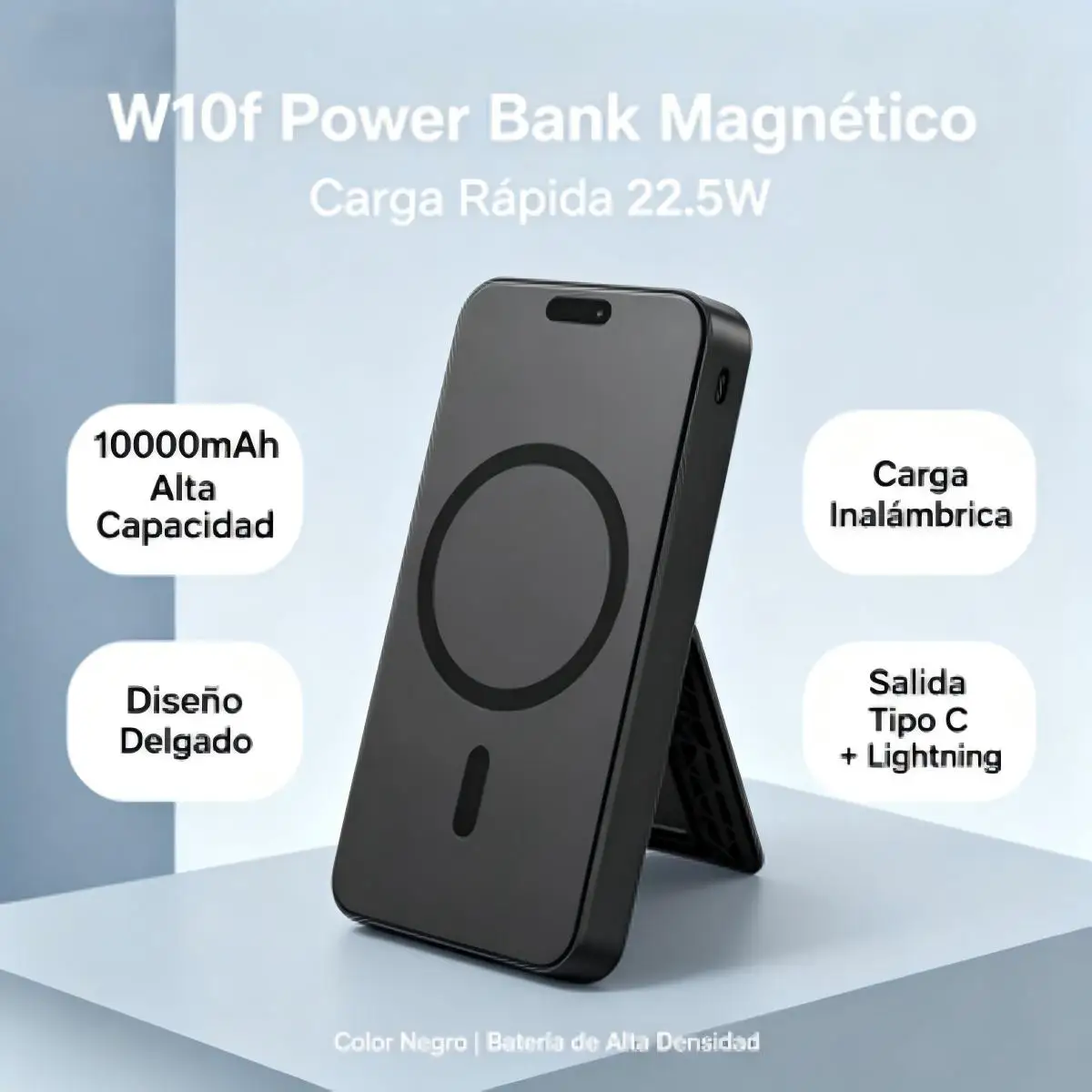 Power Bank Inalámbrico MKTEL W10F 10000mAh, Carga Rápida 22.5W, Cable 2en1 Type-C+Lightning, Diseño Compacto Portátil Negro