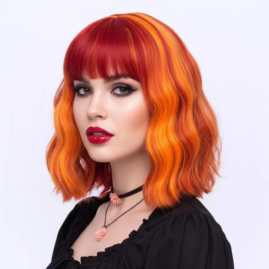 MSIWIGS 짧은 웨이브 옴브레 오렌지 합성 가발(여성용 앞머리 포함) 할로윈 코스프레 및 캐주얼 글램 룩을 위한 내열성