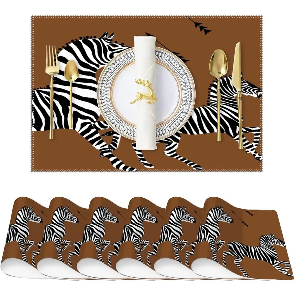 Placemats Set Of 6 Hunt Animals Zebra Decorative Brown Background Place Mats Decorative Anti-Slip Placemat Leopard Animal