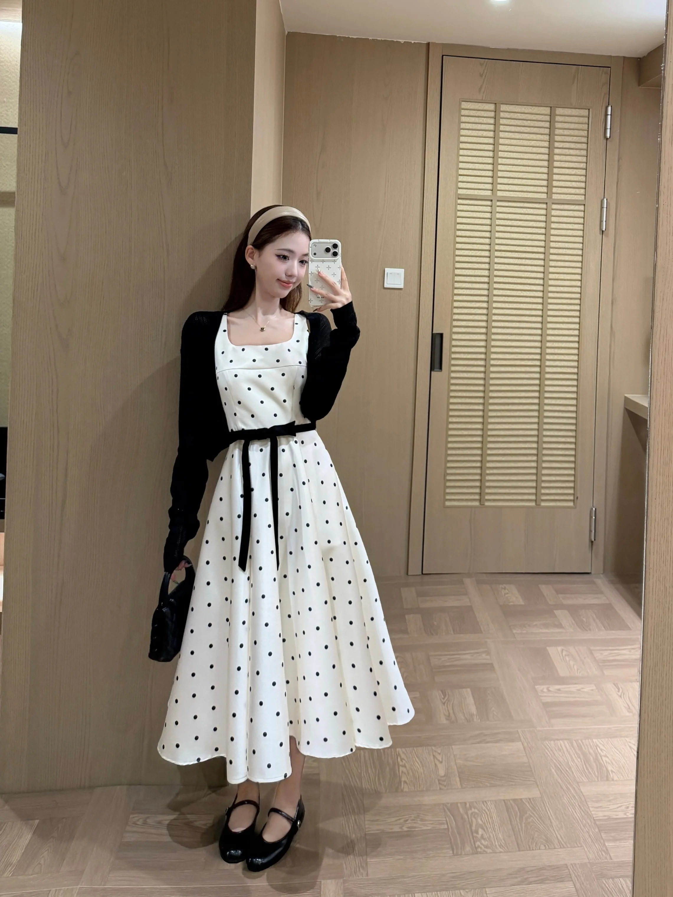 

Elegant plus Size Women's Summer Vintage Polka Dot Waist-Cinching Slimming Design Belly Covering Dress Two-Piece Set