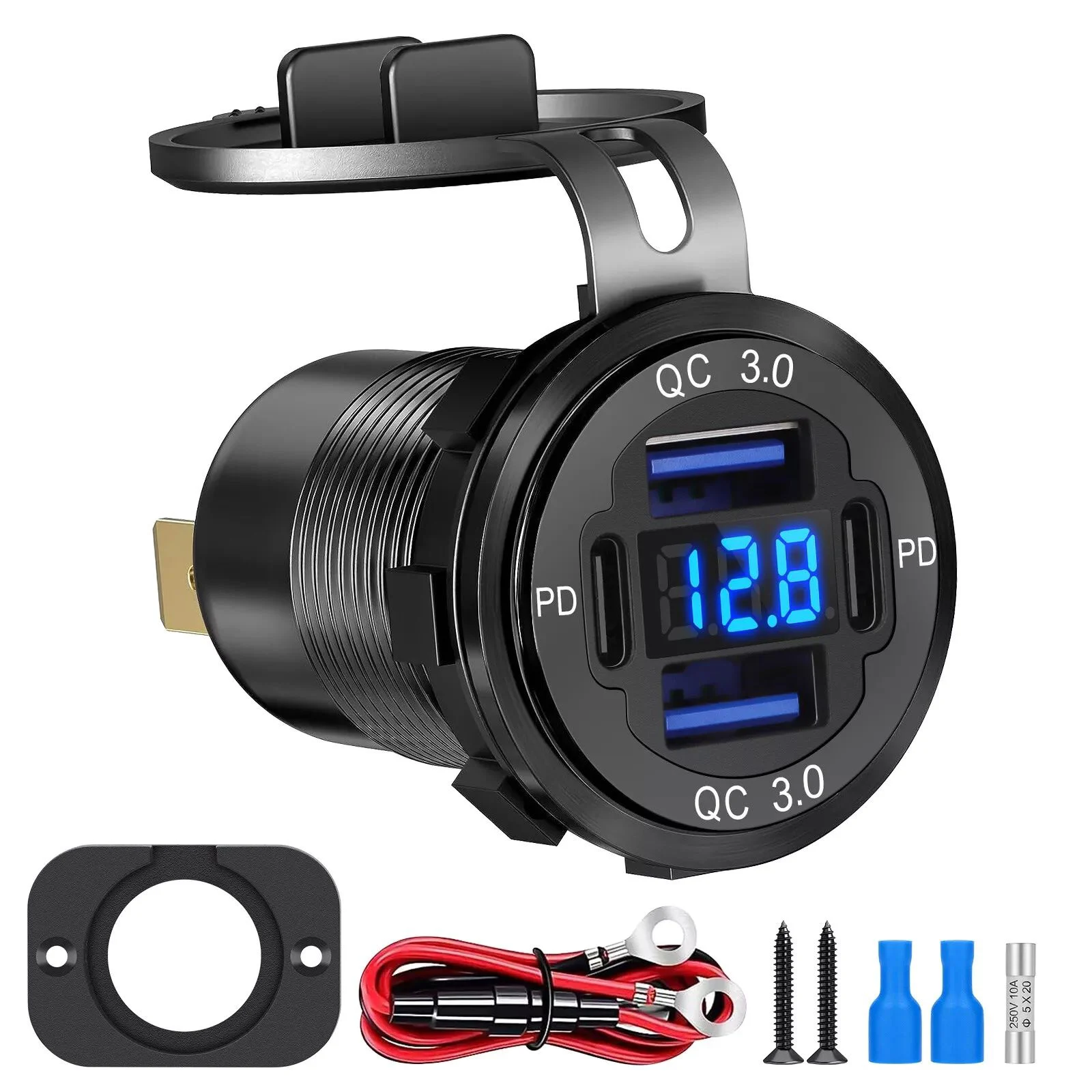 1Pc 4 Ports Dual PD Port Dual QC 3.0 USB Car Charger With Voltmeter Socket Power Outlet Adapter Waterproof For 12V/24V Car Boat