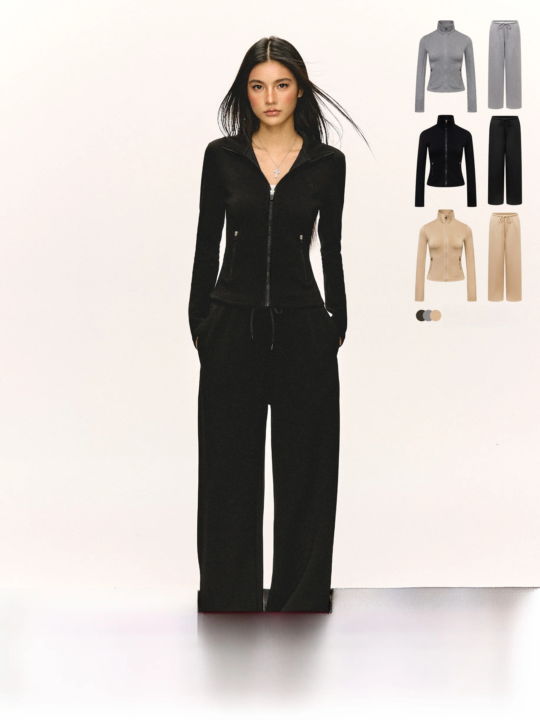 

Комплект женской одежды в американском ретро-стиле Ariseism: осенний новый комплект из двух предметов — узкие брюки с низкой посадкой и куртка на молнии.