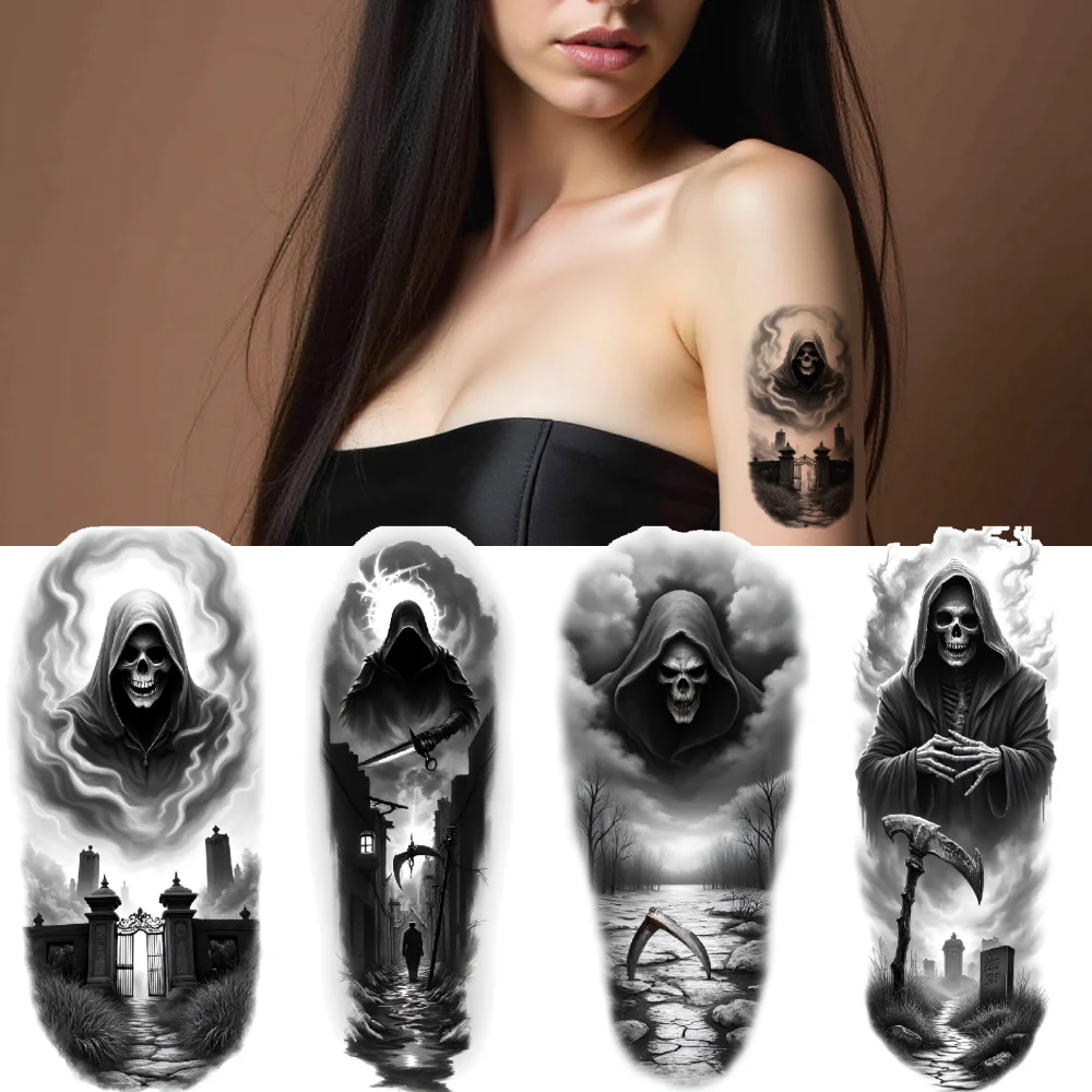 12pcs Temporary Tattoo Scythe Mixed Realism Hooded Figures Skulls Realistic Temporary Tattoos Grim Reaper For Male Thigh Arm