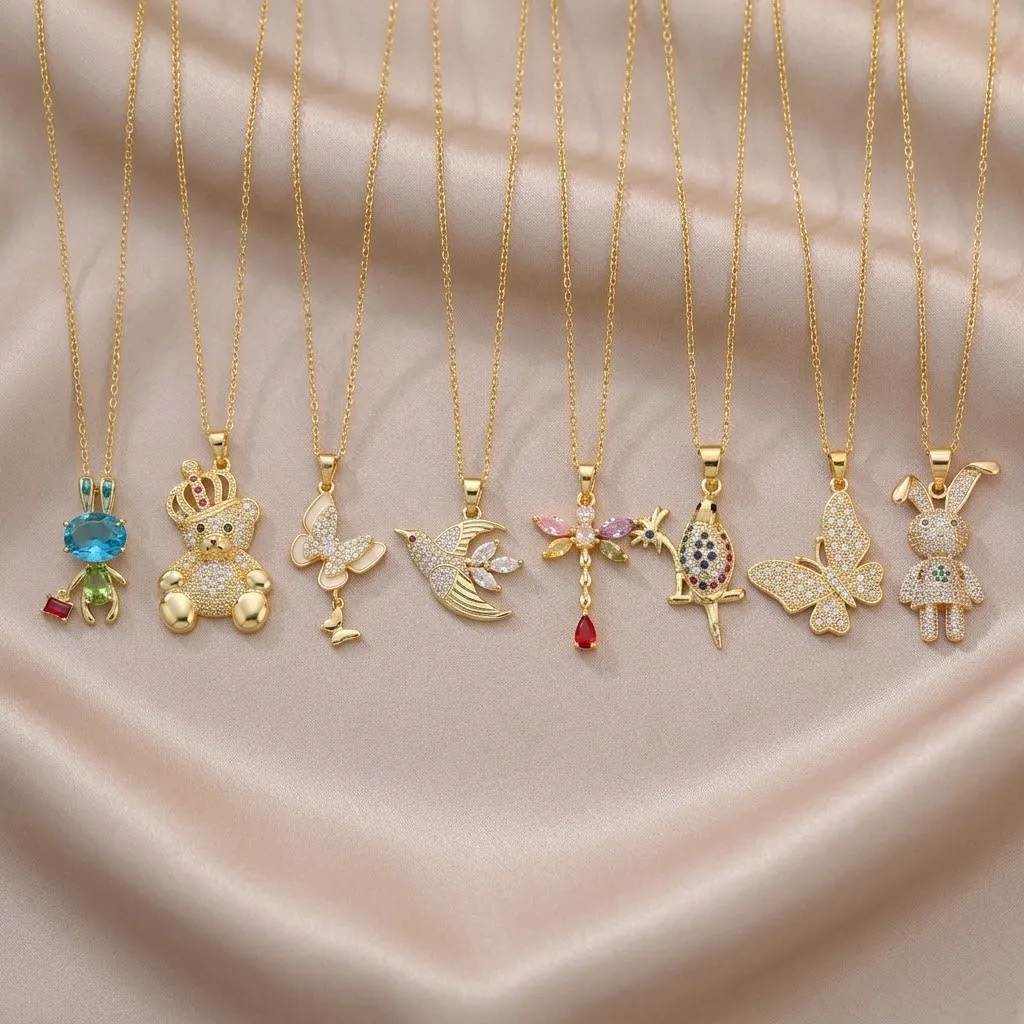 Crystal Filled Full Bear Rabbit Pendant Necklace Shiny CZ Aesthetic Wedding Accessories Stainless Steel Chain Trendy Jewelry