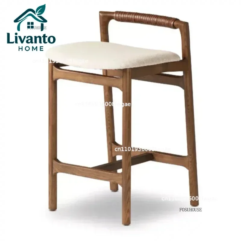 

Solid Wood Designer Bar Chairs Simple Modern Retro High Chairs Vintage Nordic Leather Backrest Home Island Stool Bar Furniture A