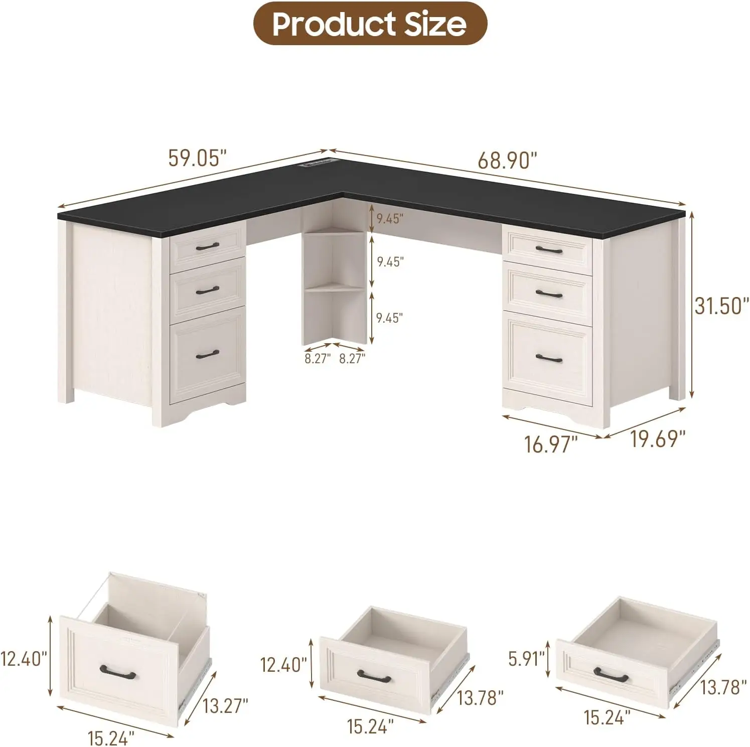 Wood L Shaped Executive Desk 6 Drawers Farmhouse Home Office Desk Power Outlets Triangle Under Desk Storage Shelf Drawer File Ca