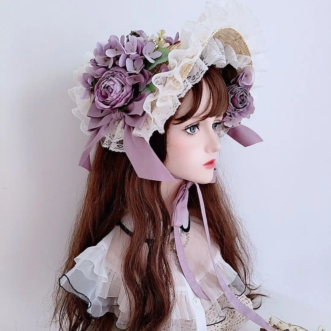 

Lolita Flower Elegant Flat Hat Weaving Top Hat Flower Wedding Tea Party Pastoral Straw Hat Lace Han Yang Eclectic Summer