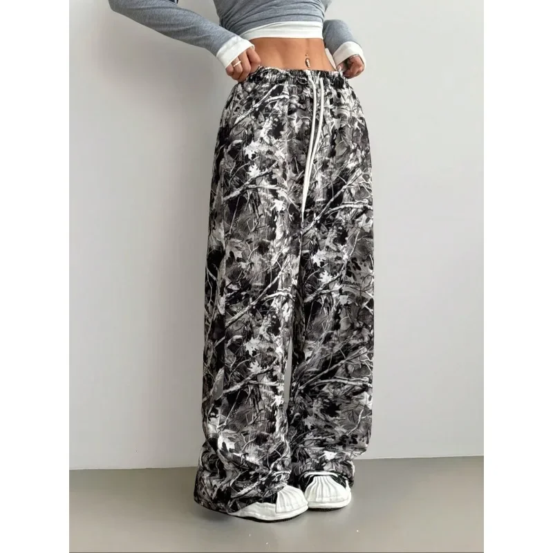 プラスサイズファッション レディース ワイドレッグ カモパンツ カジュアル 軽量 エラスティックウエスト 迷彩柄 ルーズパンツ
