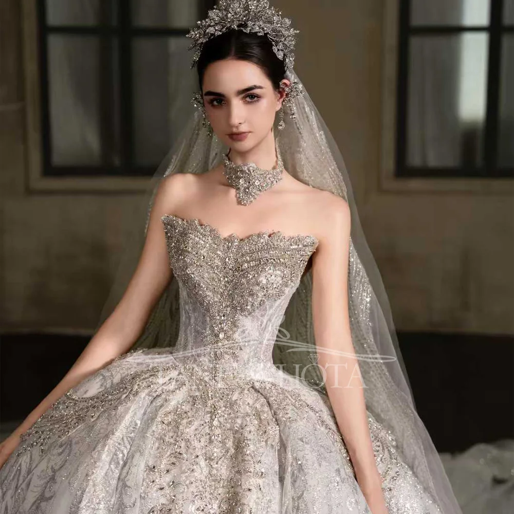 Vestidos de boda de lujo para novia con escote en forma de corazón, manga desmontable, vestido de baile con lentejuelas y cuentas personalizable