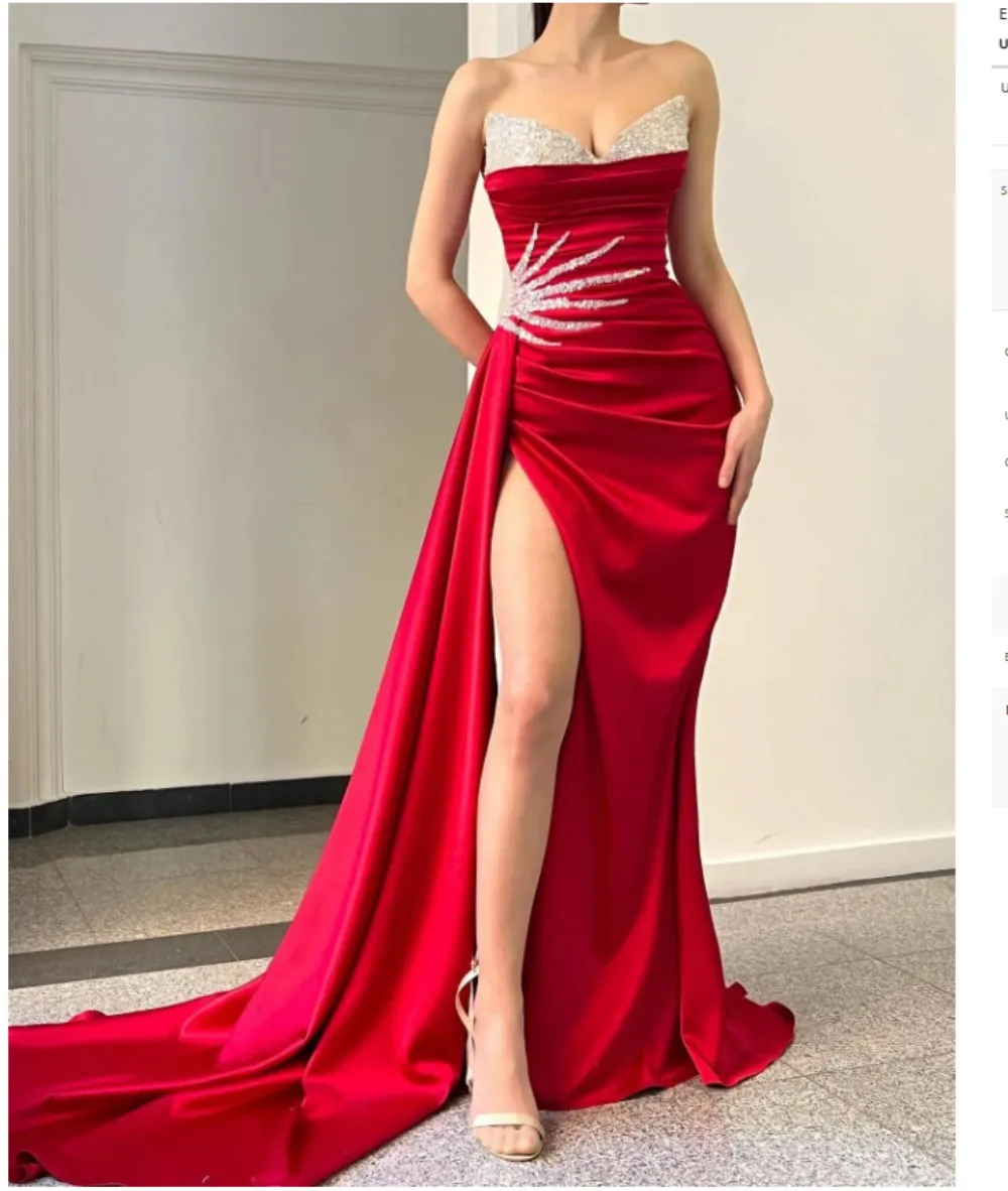 

Red Prom Dress Sequins Sweetheart Evening Gowns Waist Decor Pleats Slit Formal Long Special Occasion Party Dress فساتين سهرة