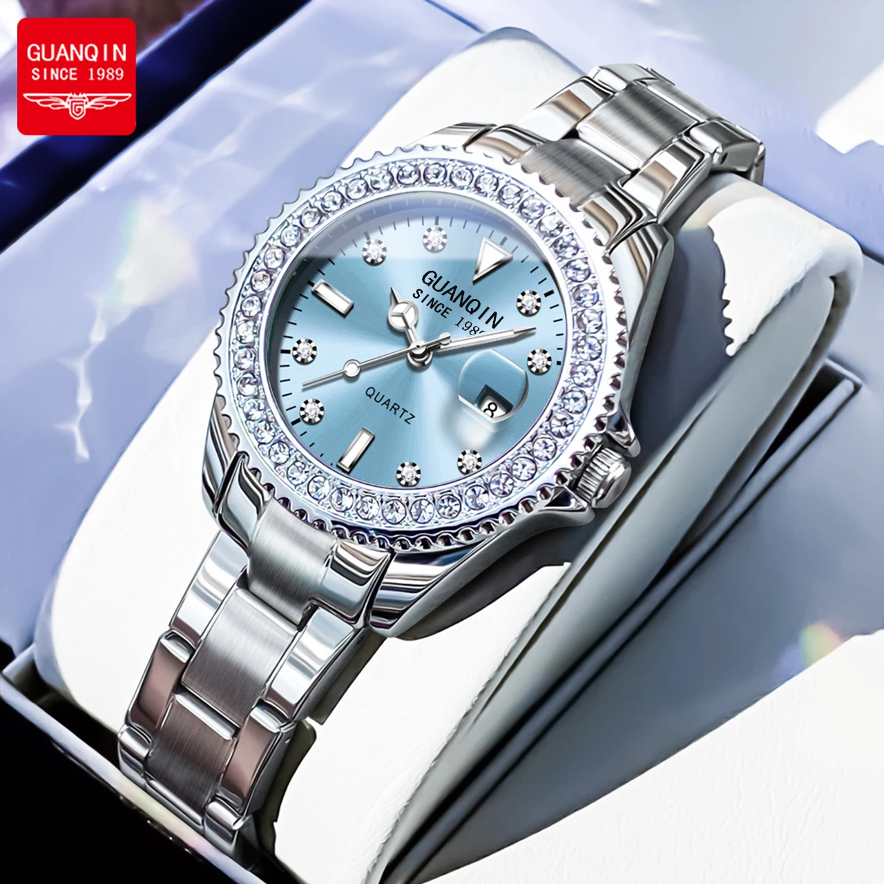 GUANQIN Women Watches Trend Fashion Stainless Steel Original Brand Quartz Wristwatch for Lady Diamond Bezel Luminous Waterproof