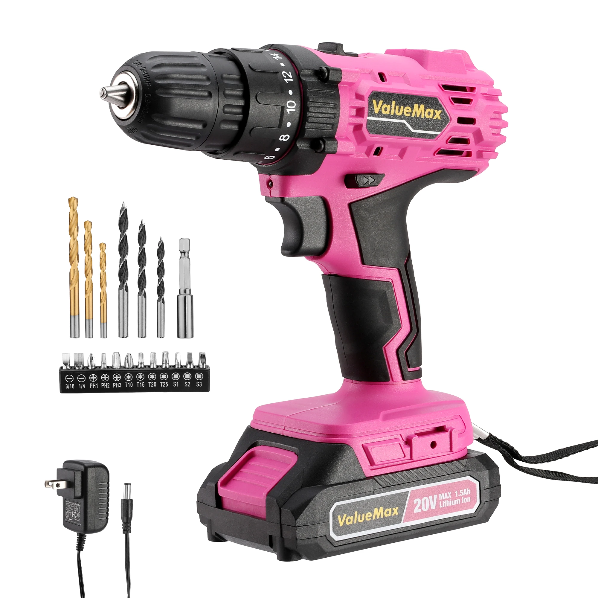 ValueMax Pink Cordless Drill Set, 20V Lithium-ion Power Drill Set with LED Light and Magnetic Holder, 3/8-Inch Keyless Chuck, 18