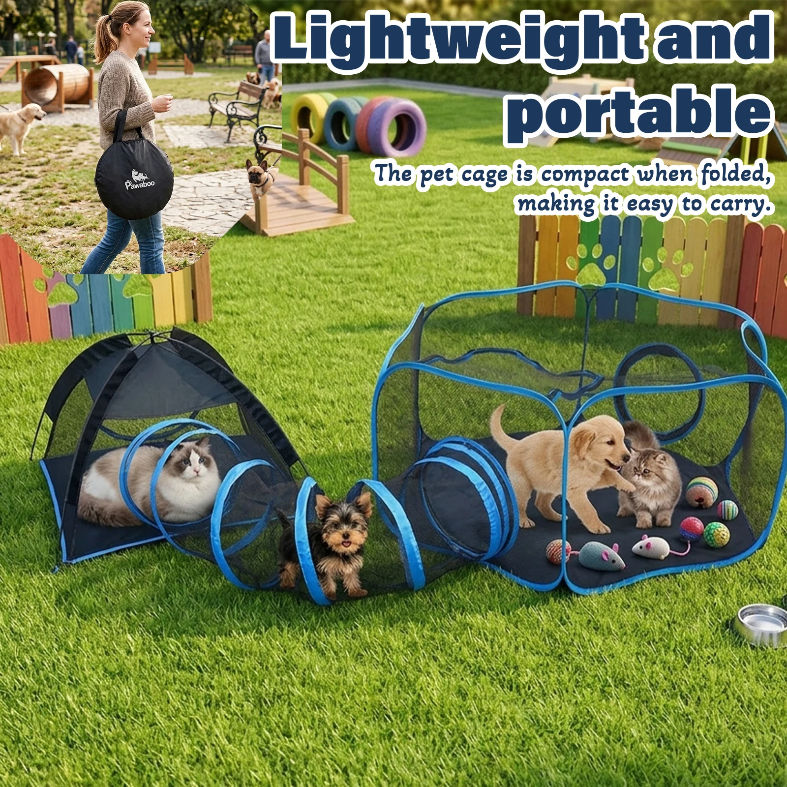 Parc pour animaux portable 3-en-1 en maille avec tunnel, cage multi-animaux pour intérieur et extérieur, installation facile pour chats et petits animaux