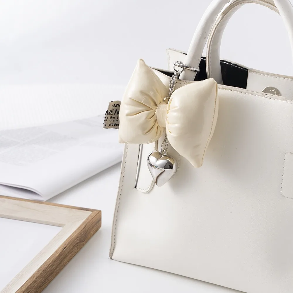 PU Leather Bowknot Heart Keychain Filling Cotton Metal Heart Mobile Phone Chain Simple Exquisite Bow Bag Pendant For Girl Women