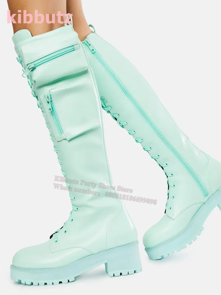 Lace-Up Pockets Round Toe Square Heel Knee-High Boots Patent Leather Solid Green Side Zipper Fashion Elegant Sexy Women Shoe New