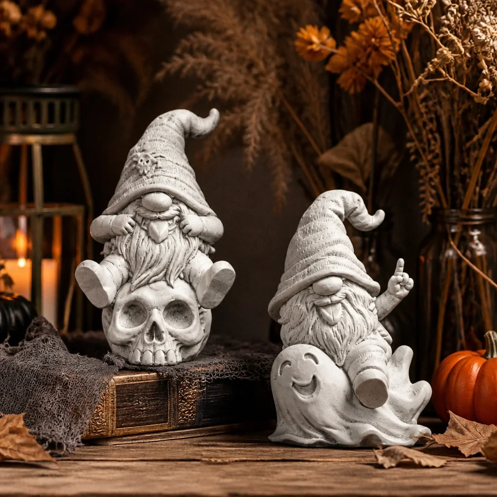 Halloween 2 Pack Gnome Figurines, Resin Skull Ghost Gnome Statue, Cute Spooky Gonk Desktop Decor for Haunted House Party Decorat