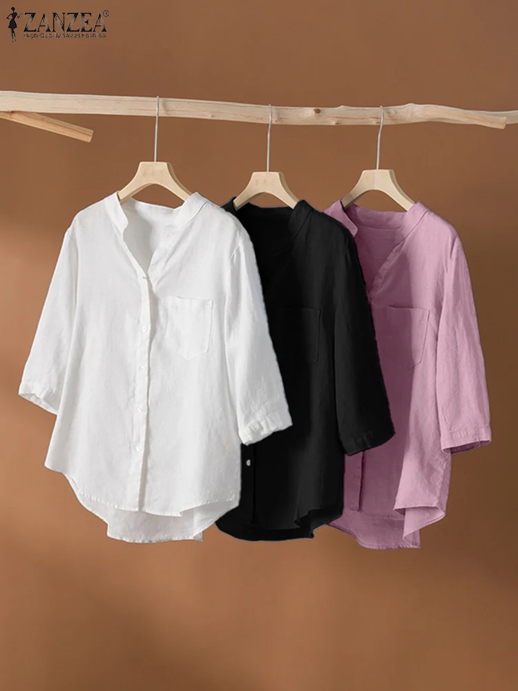 

ZANZEA Офисные женские рубашки 2022, осенняя блузка, элегантная рубашка с v-образным вырезом и рукавами 3/4, женские рабочие топы, повседневные однотонные блузки на пуговицах
