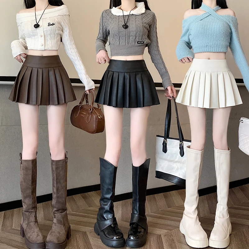 

PU Leather Pleated Skirt High Waist Slimming A-Line for ort Girls Trendy Autumn Winter New Sle Hot Girl Skirts