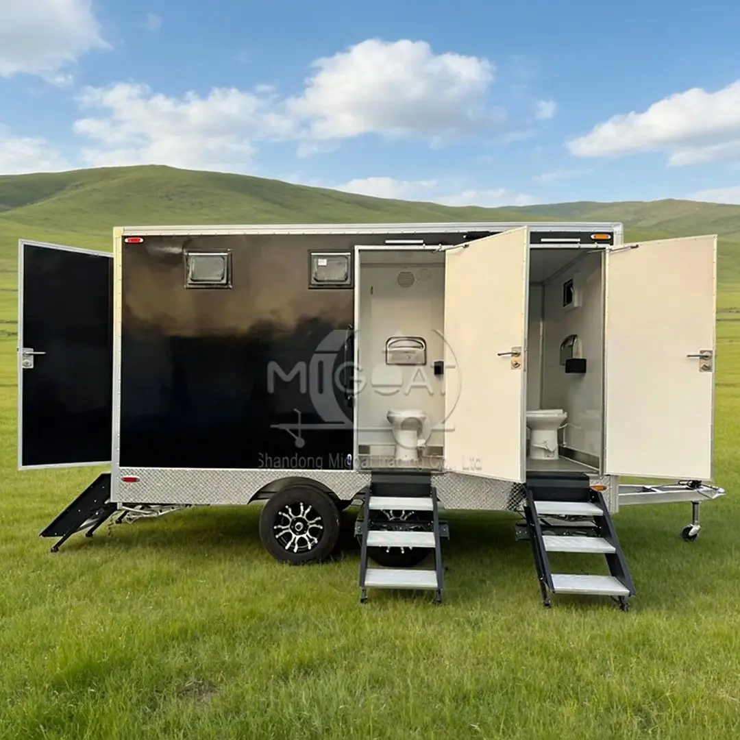 Towable Double-Stall Mobile Restroom Portable Outdoor Toilet Trailer Anti-Slip Grab Bars Flushing System for Camping