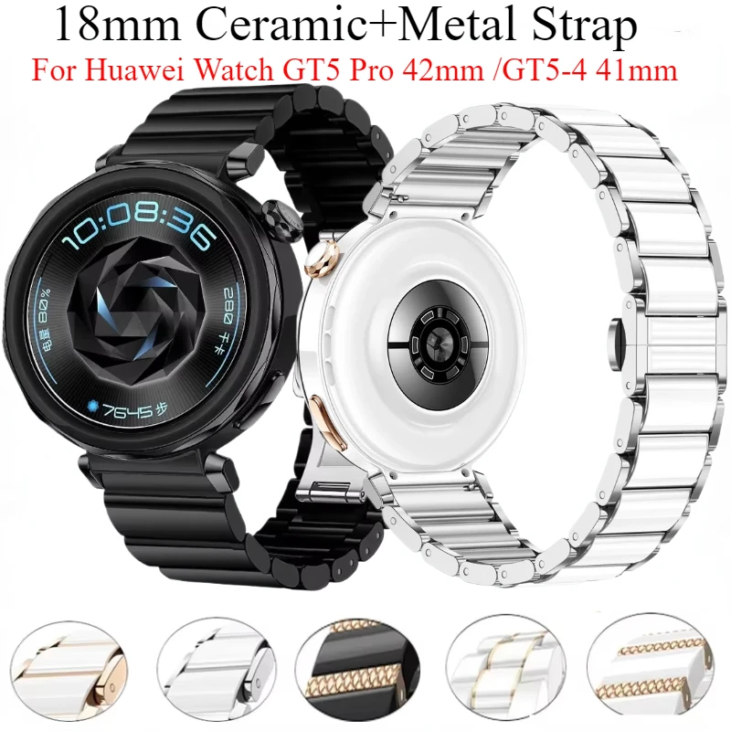 18mm Ceramic+Metal Strap for Huawei Watch GT5 Pro 42mm Woman Luxury Comfortable Bracelet Band Huawei Watch GT5/GT4 41mm Correa