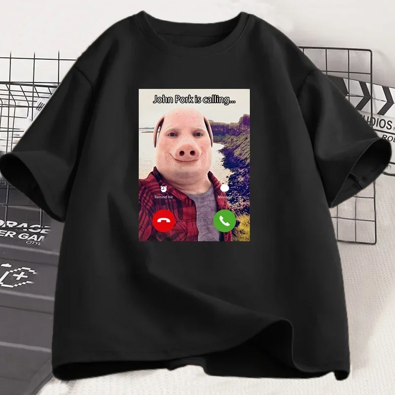 

New John Pork Is Calling T Shirts Funny Graphic Tee Top Women Men Oversized Humor Pig Meme Design Clothes Streetwear