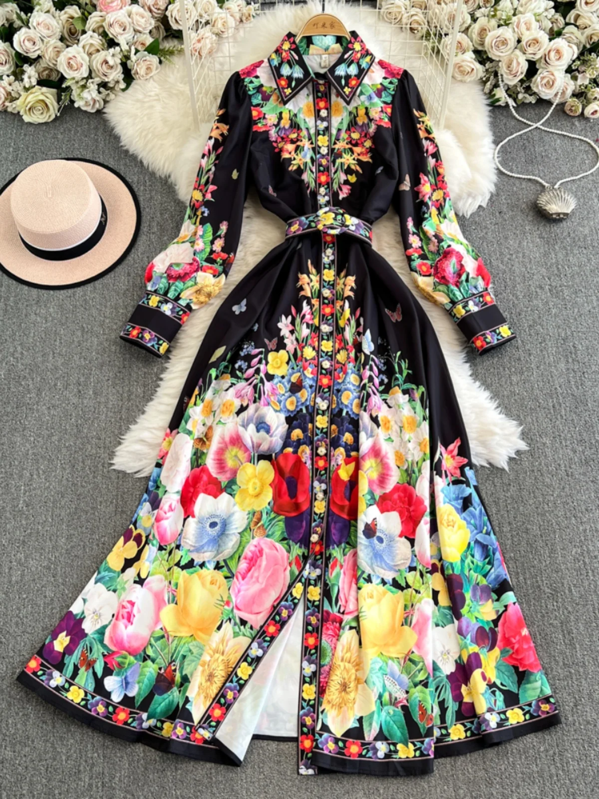 Frühlings-Blumen-Serie, lang, schmale Passform, Dr-Knopfdetail, irt-Kragen, Laterne, Swe, bedruckt, hohe Taille, mittlere Länge, A-Linie Dr