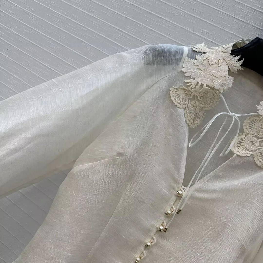 

Elegant Boho Silk Linen Blends Vintage Shirt Women Embroidery Floral Lace-up Collar Single Breasted Lantern Sleeve Beach Blouse