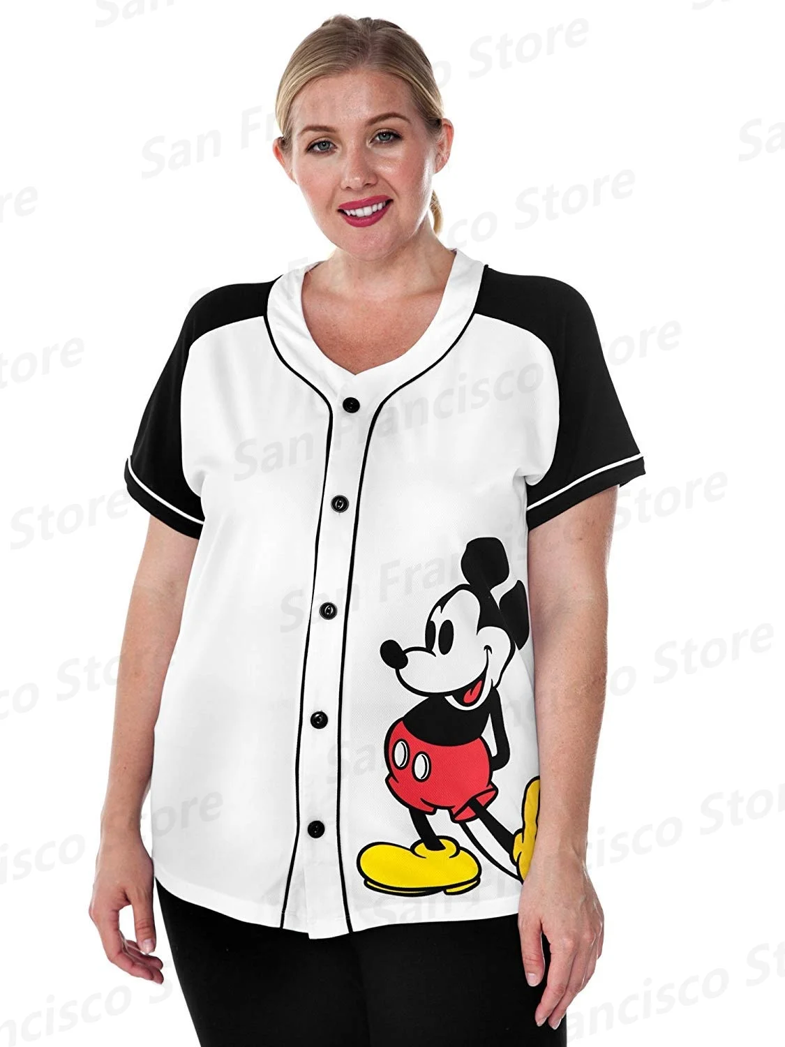 Summer New Disney Boys&Girls Mickey Mouse Cartoon Printed Fashion Shirt KID/Adult Button Casual Jersey Baseball Shirt Multicolor